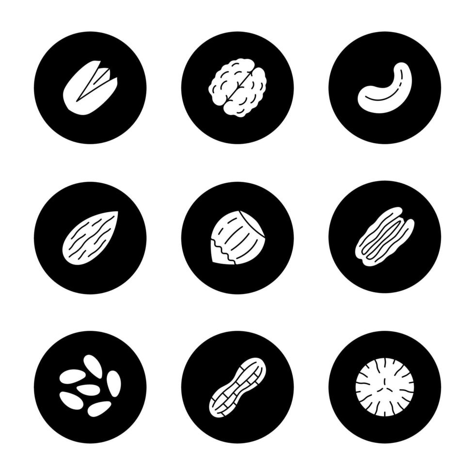 Nuts types glyph icons set. Pistachio, walnut, cashew and pecan nuts, almond, hazelnut, pinenuts, peanut, nutmeg. Vector white silhouettes illustrations in black circles