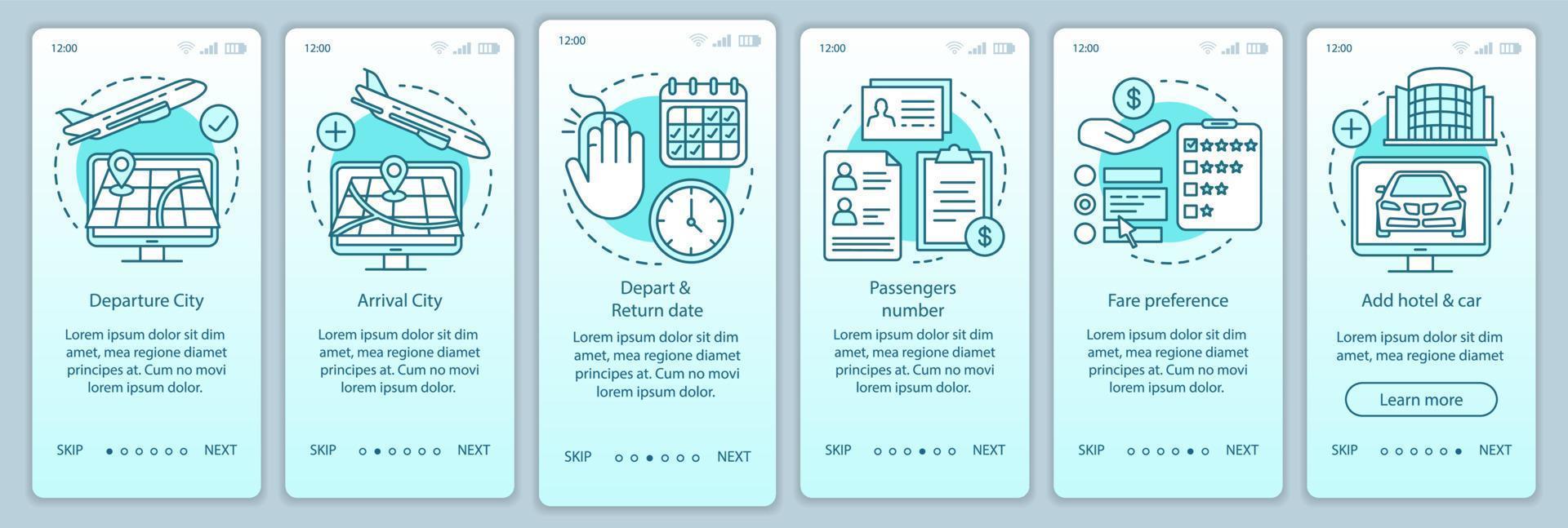 Trip planning turquoise onboarding mobile app page screen vector template. Hotel, car, airport. Walkthrough website steps with linear illustrations. UX, UI, GUI smartphone interface concept