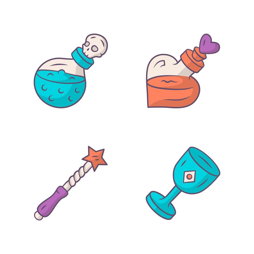 Magic color icons set. Magical death and love potions, witch wand, ceremonial chalice. Witchcraft, occult ritual items. Mystery objects. Isolated vector illustrations