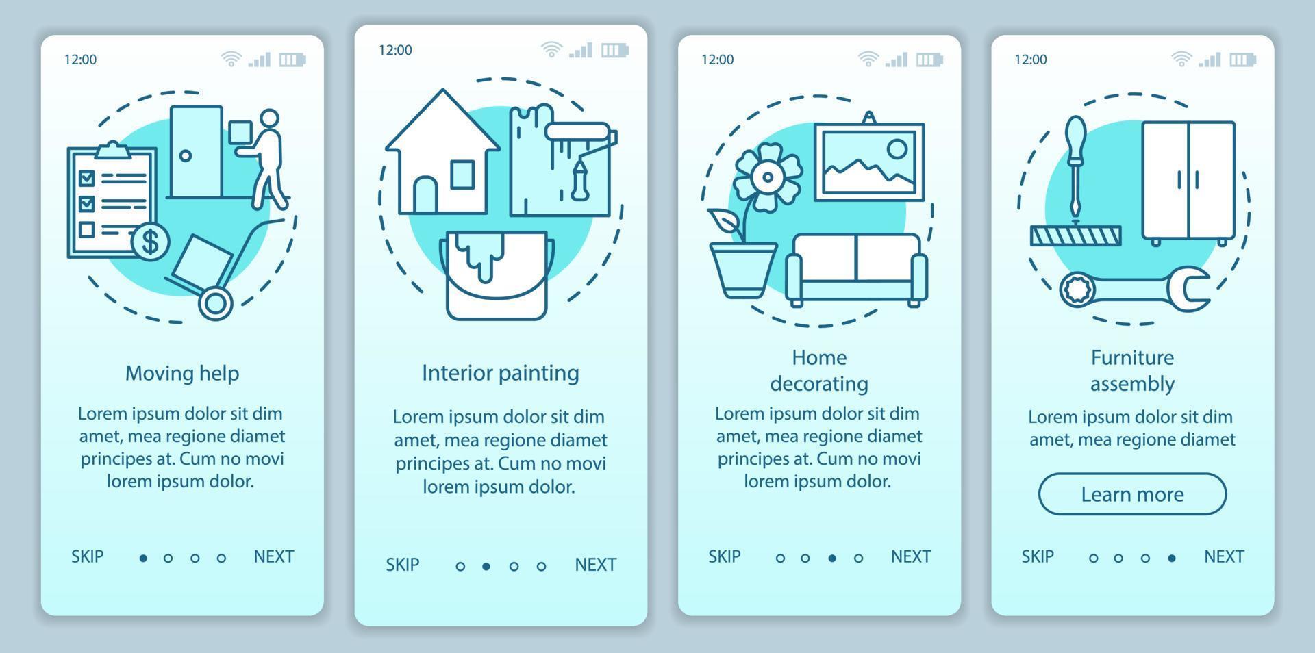 Home services onboarding mobile app page screen vector template. Interior painting. Moving help. Walkthrough website steps with linear illustrations. UX, UI, GUI smartphone interface concept