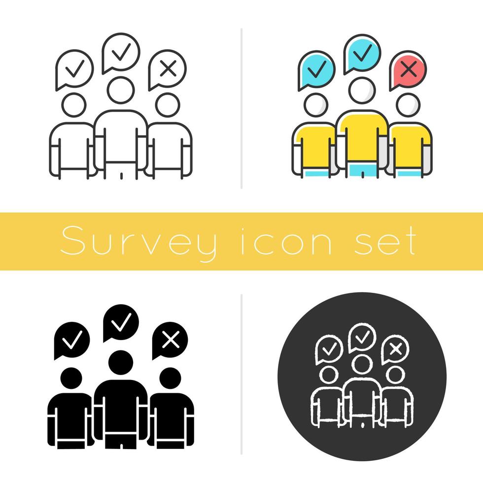 Community survey icon. Group administered questionnaire. Public opinion polling. Social research. Customer satisfaction. Glyph design, linear, chalk and color styles. Isolated vector illustrations