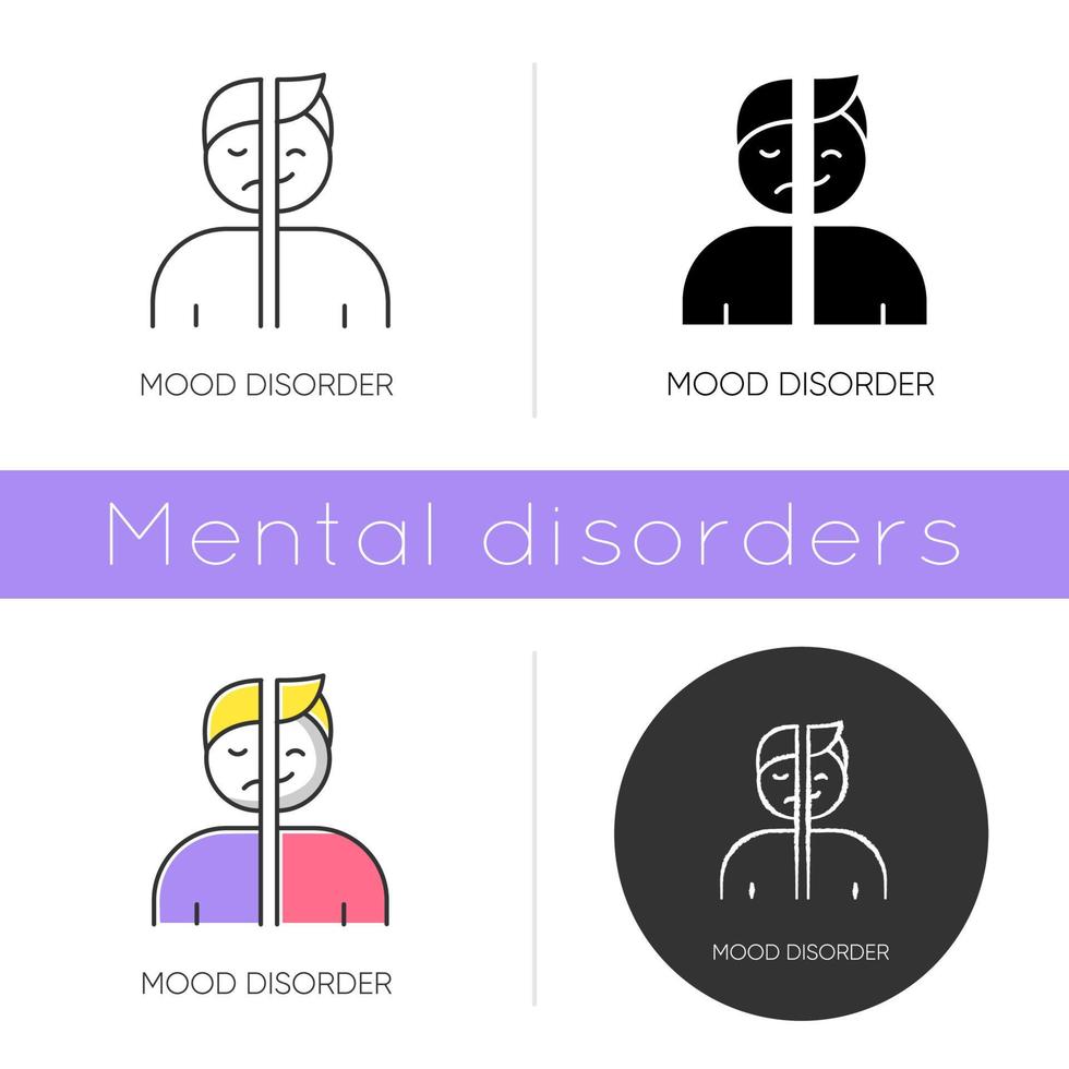 Mood disorder icon. Manic and depressive episodes. Dysthymia, cyclothymia. Emotional swing. Psychiatric issue. Mental health. Flat design, linear and color styles. Isolated vector illustrations