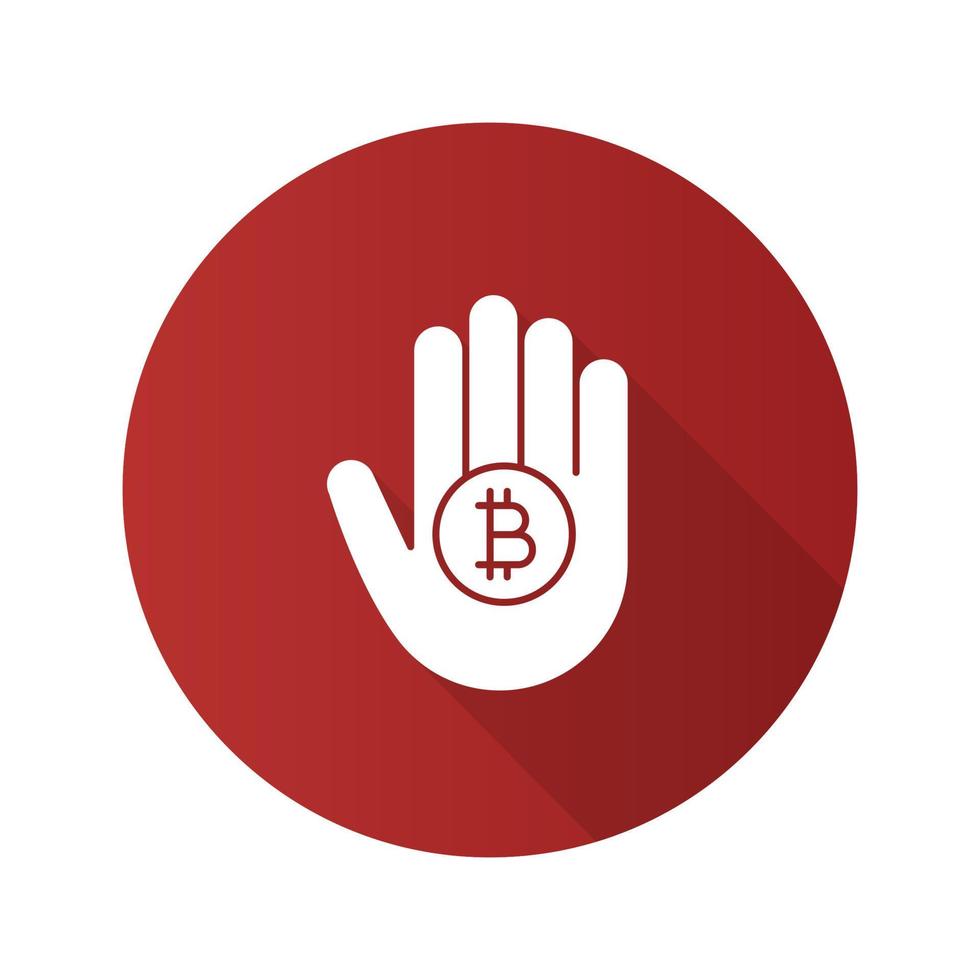 Hand holding bitcoin flat design long shadow glyph icon. Vector silhouette illustration