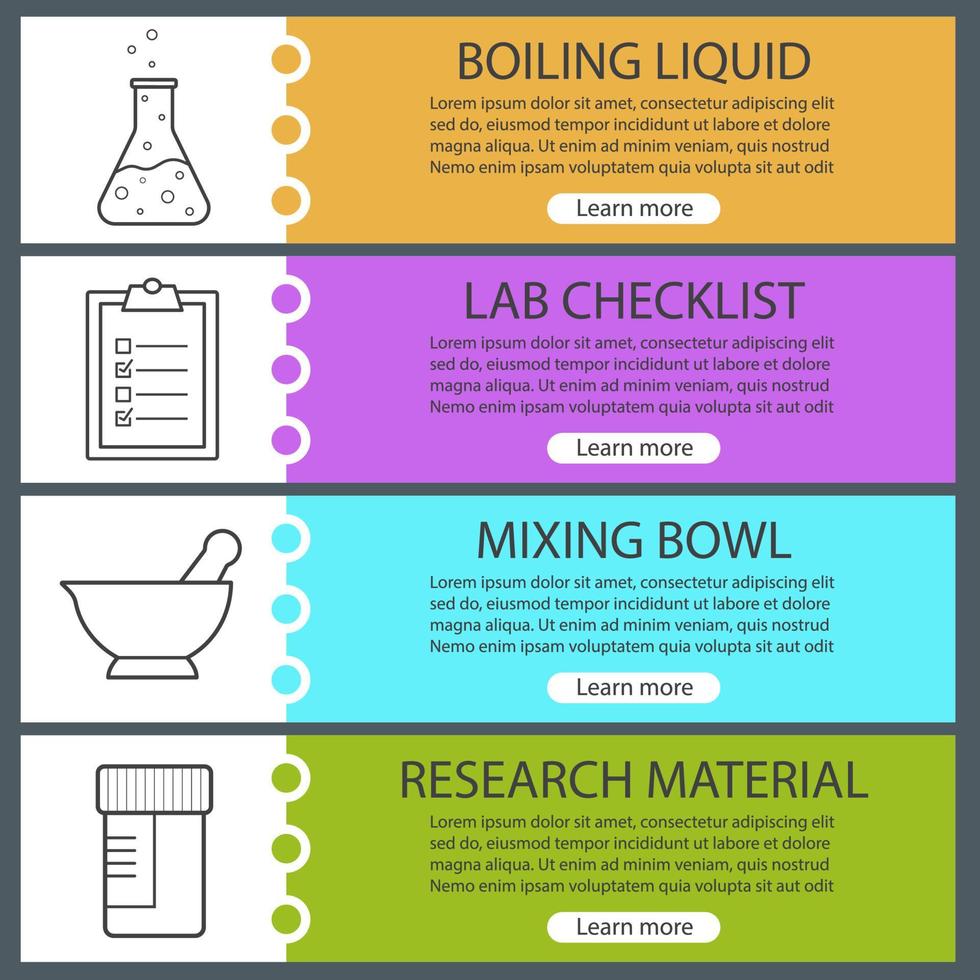 Science laboratory banner templates set. Mortar and pestle, medical tests jar, boiling liquid, lab checklist. Website menu items with linear icons. Color web banner. Vector headers design concepts