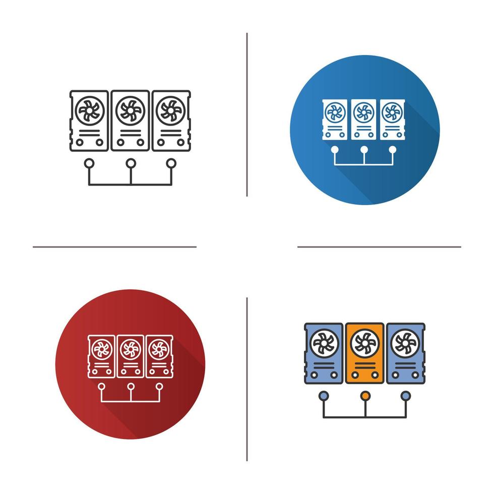 Graphic cards for mining business icon. Flat design, linear and color styles. Connected video cards. Cryptocurrency gpu mining farm. Isolated vector illustrations