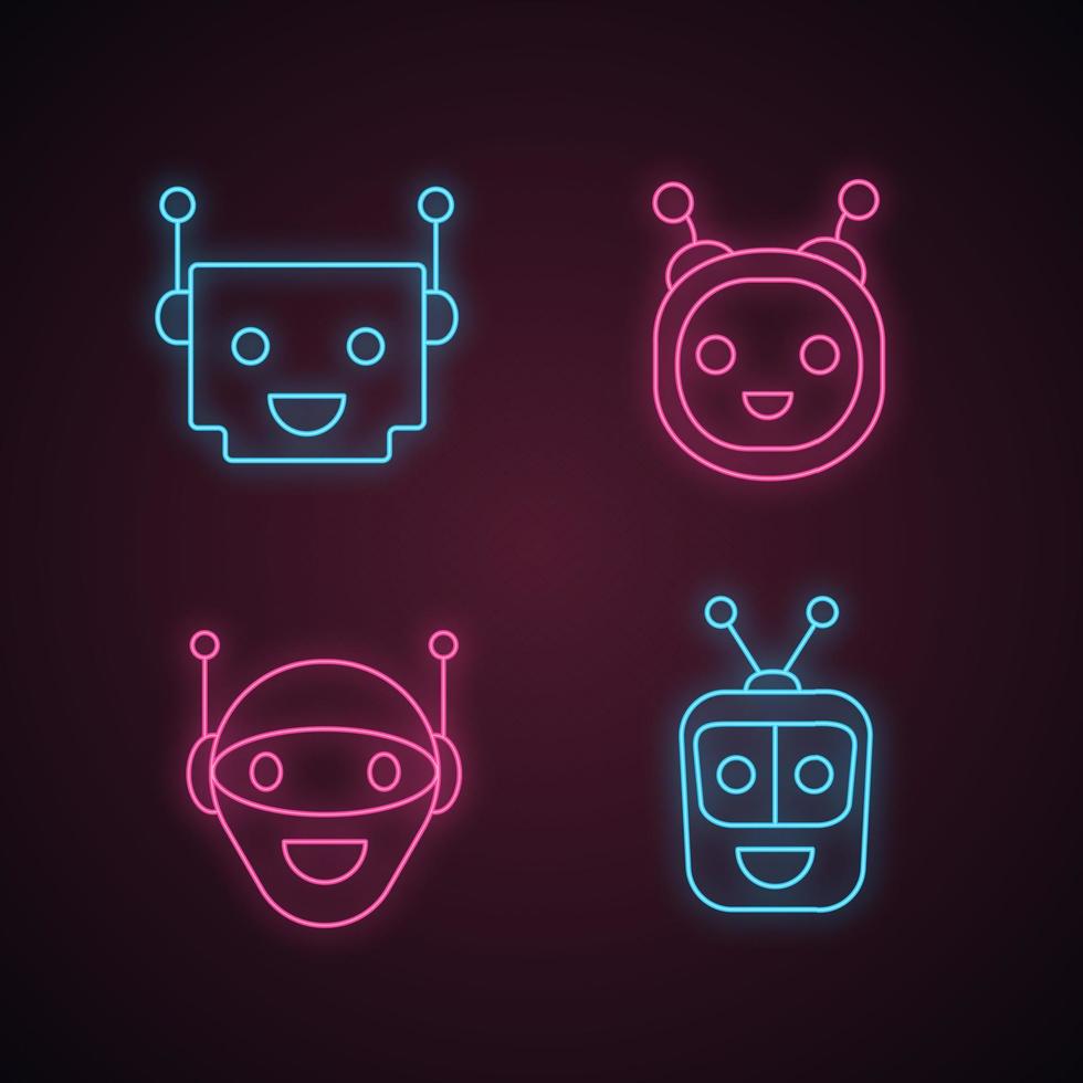 Chatbots neon light icons set vector
