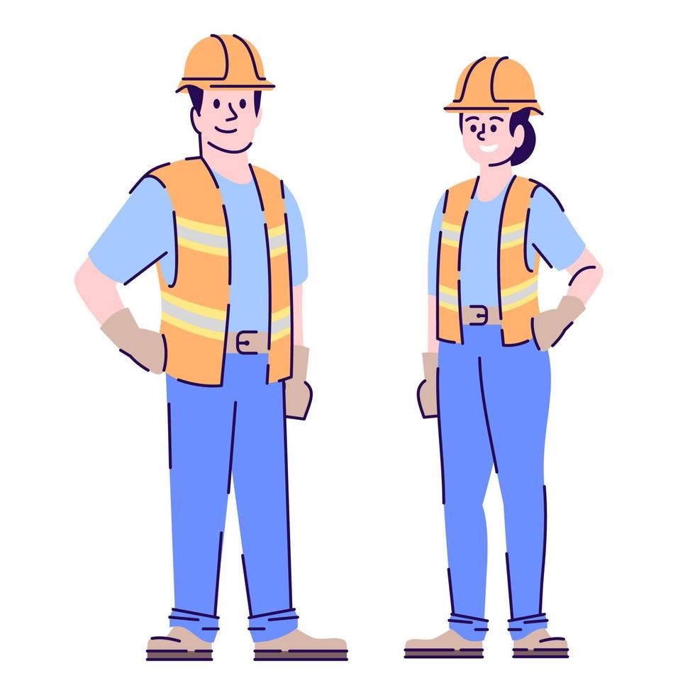 Builders couple flat vector characters. Construction workers, handyman cartoon illustration with outline. Woman and man contractors, engineers in uniform and protective helmet isolated on white