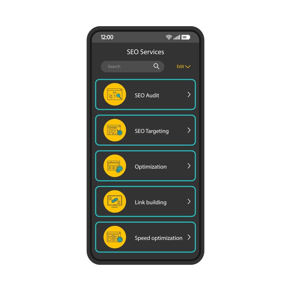 SEO services app smartphone interface vector template
