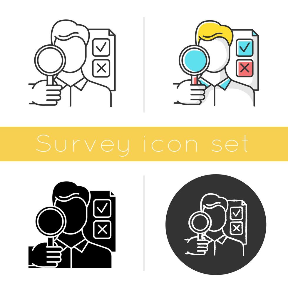 Survey interviewer icon. Face-to-face interview. Human-assisted poll. Public opinion polling. Expert survey. Feedback. Glyph design, linear, chalk and color styles. Isolated vector illustrations