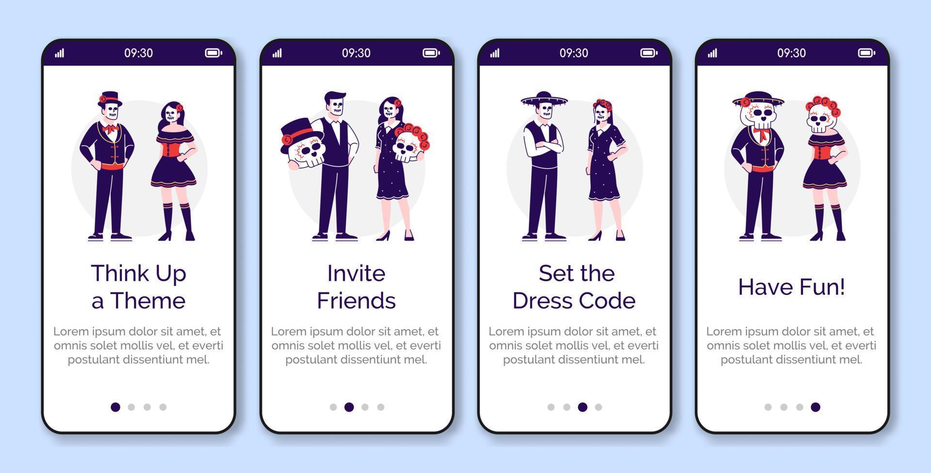 People dressed in holiday costumes onboarding mobile app screen vector template. Day of the Dead clothing. Walkthrough website steps, flat characters. UX, UI, GUI smartphone cartoon interface concept