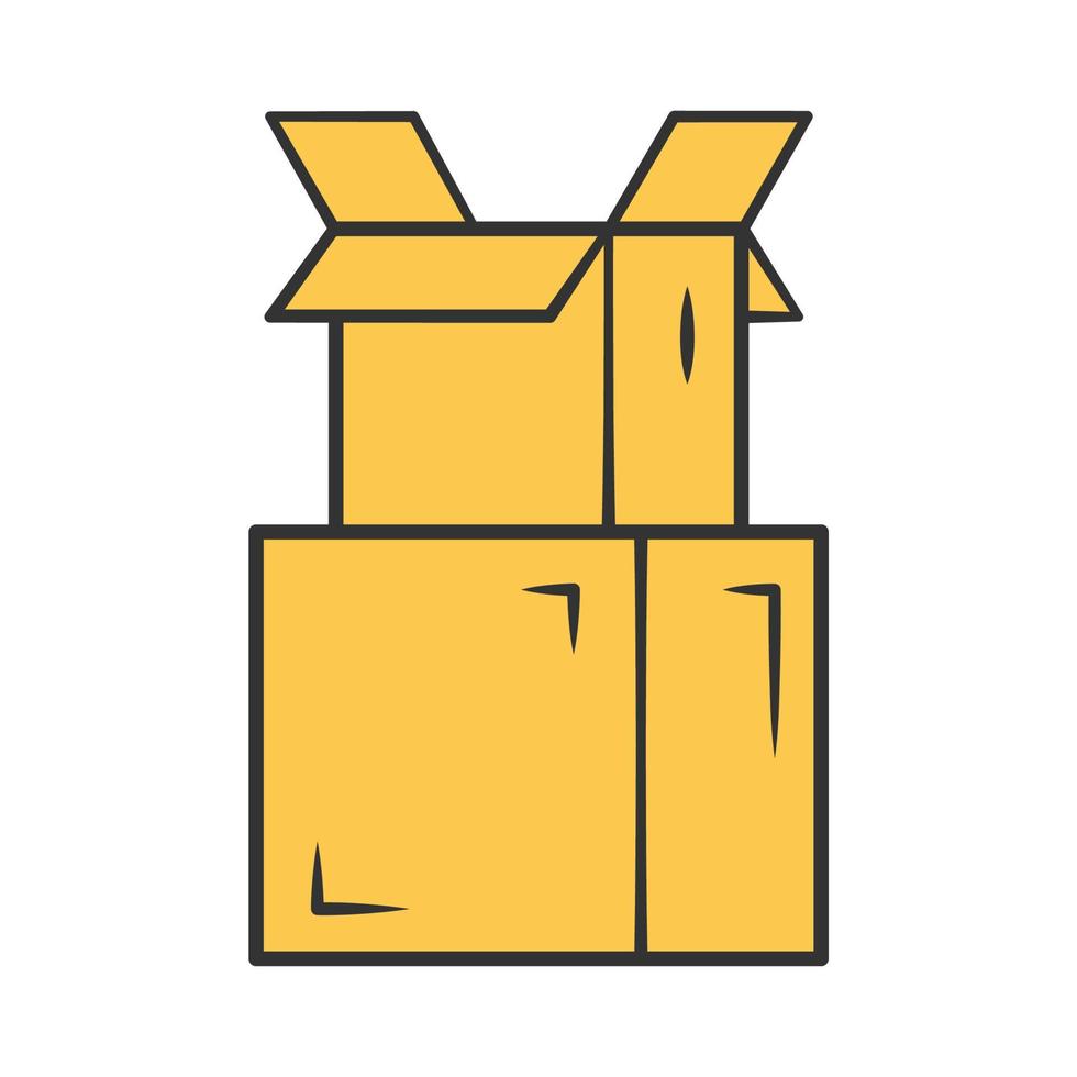 Cajas de cartón apilan icono de color amarillo. embalaje de paquetes. Cajas de cartón abiertas vacías para envolver el pedido. suministro de almacén. pila de cajas de almacenamiento de mercancías. ilustración vectorial aislada vector