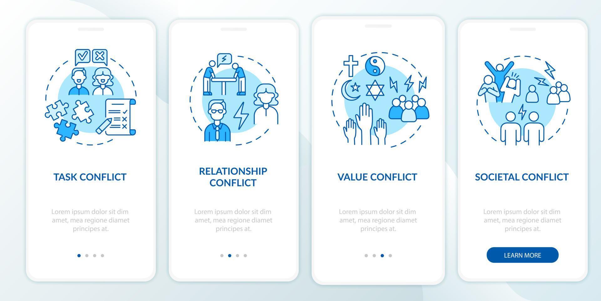 Conflict types blue onboarding mobile app page screen vector