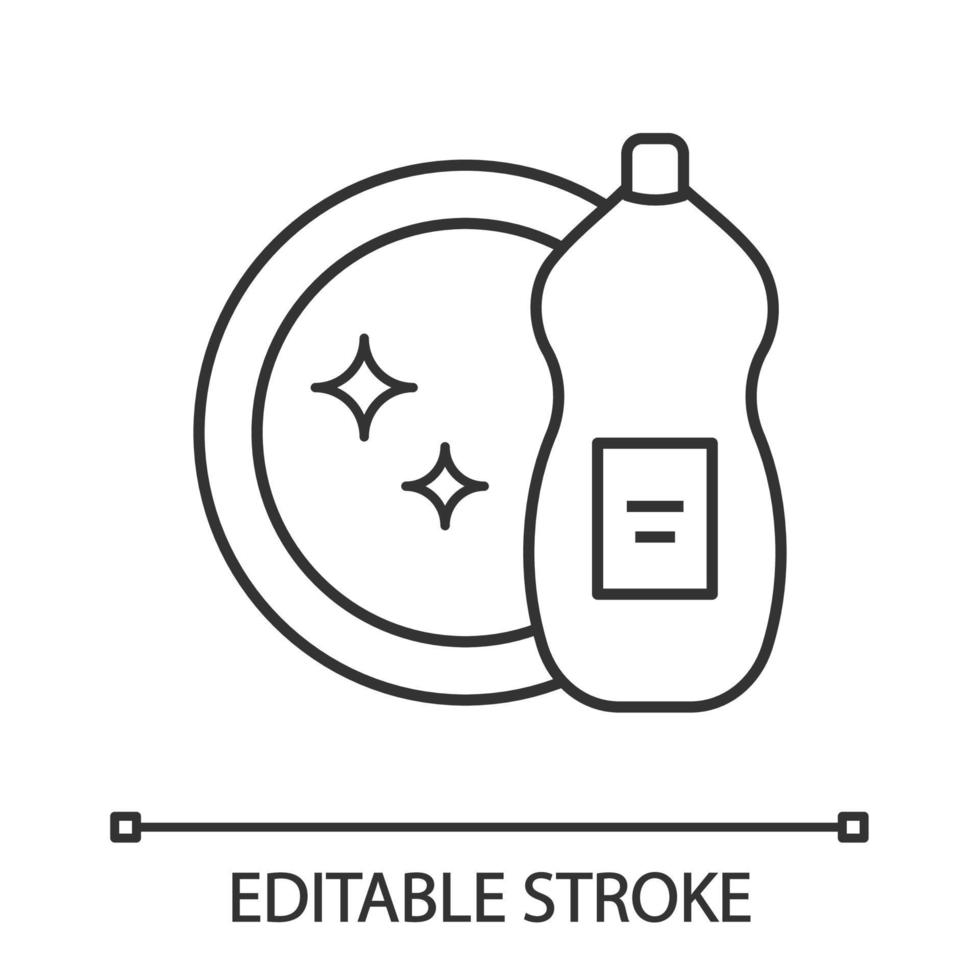 Dish washing liquid linear icon. Thin line illustration. Dishwash detergent. Cleaning chemicals. Contour symbol. Vector isolated outline drawing. Editable stroke