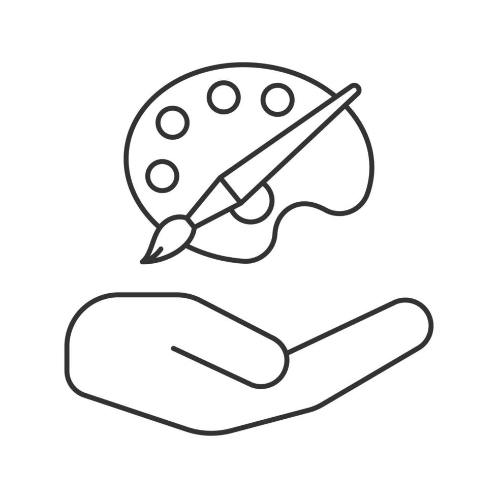 Open hand with artist paint and brush linear icon. Art supplies store