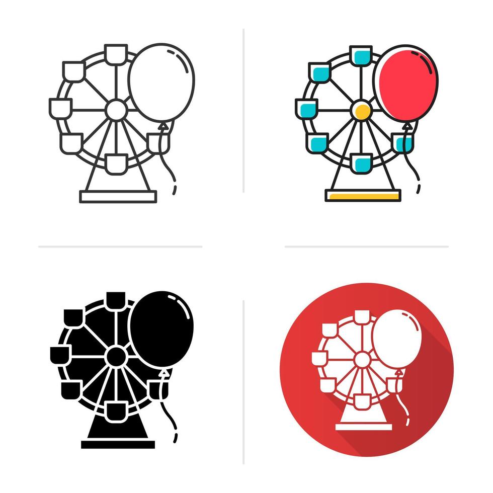 Entertainment industry icon. Recreation area. Amusement park. Funfair. Leisure sector. Ferris wheel and balloon. Flat design, linear and color styles. Isolated vector illustrations
