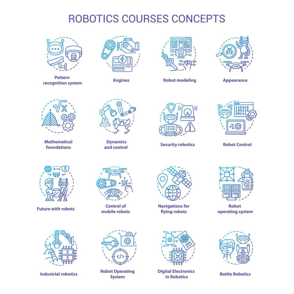 Robotics courses violet concept icons set. Creating robots idea thin line illustrations. Making electronics, devices. Lessons of robot modelling. Vector isolated outline drawings. Editable stroke