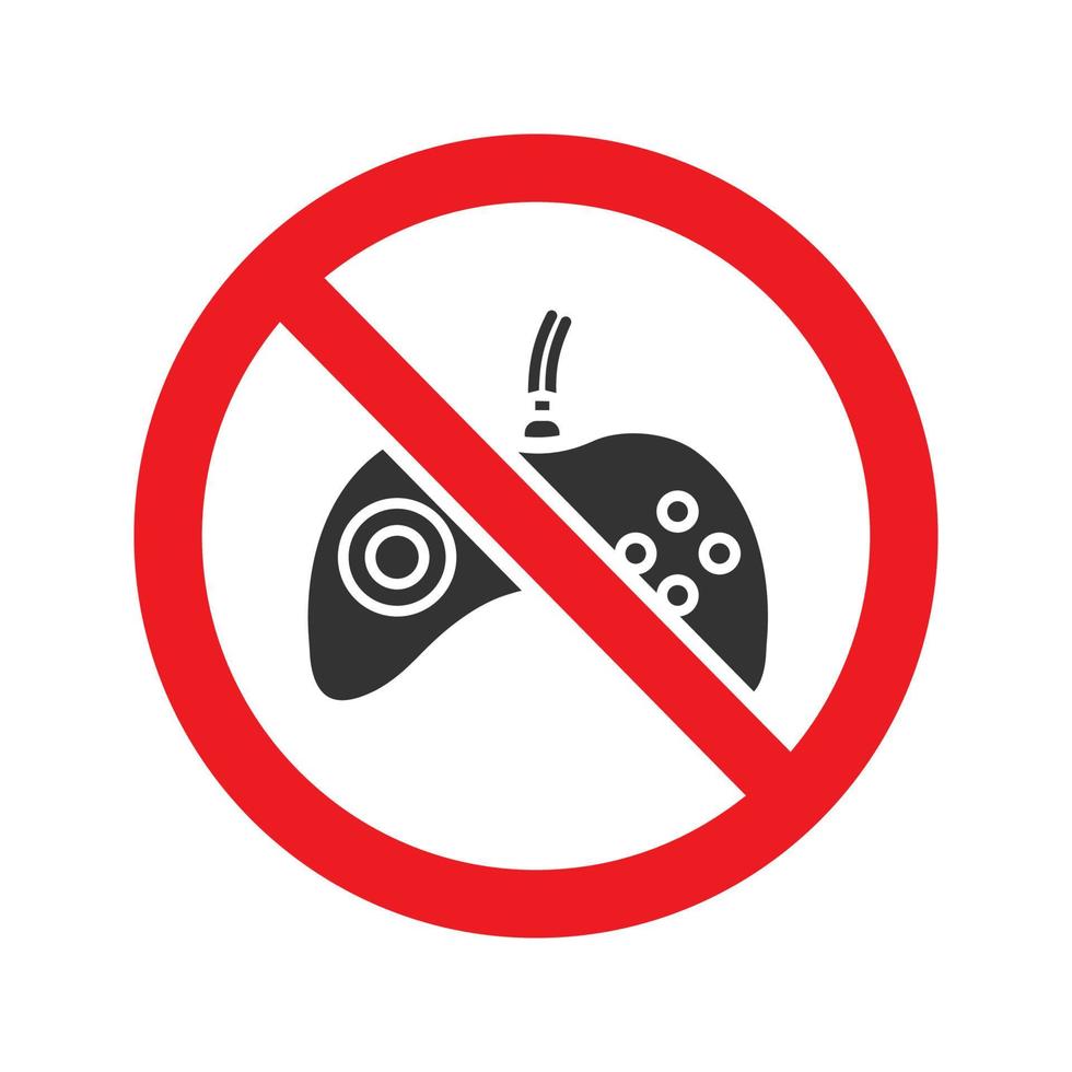 Forbidden sign with gamepad glyph icon. Stop silhouette symbol. No video games prohibition. Negative space. Vector isolated illustration