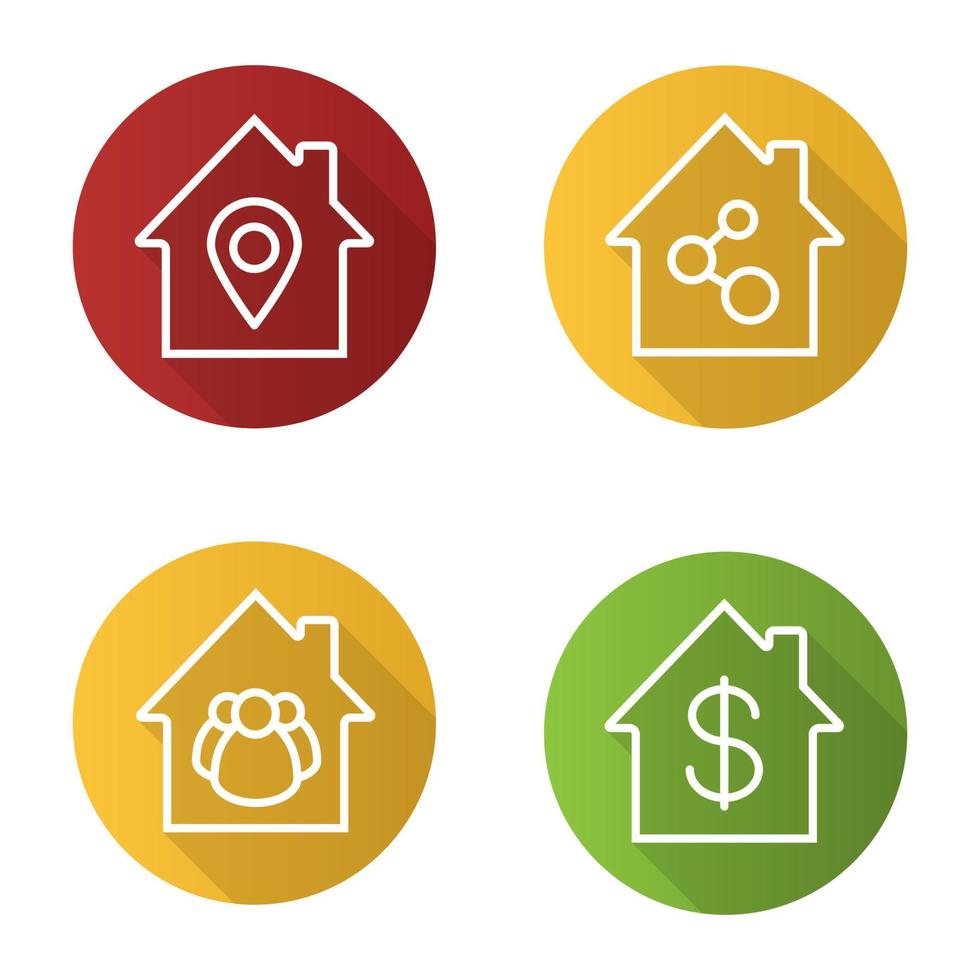 Houses flat linear long shadow icons set. Home buildings with map pinpoint, connection, people, dollar sign inside. Real estate market. Vector outline illustration