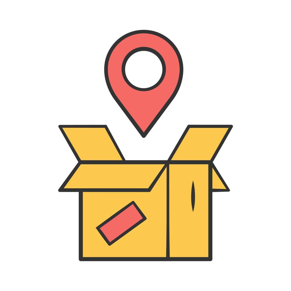 icono de color amarillo de seguimiento de paquetes. supervisión de la ubicación del paquete. seguimiento y rastreo postal del estado del pedido. servicio de entrega. caja de cartón con pin de mapa. ilustración vectorial aislada vector