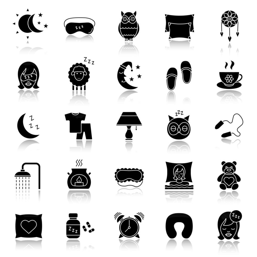 Sleeping accessories drop shadow black glyph icons set. Pillows, sleeping slippers, pills, earplugs, dreamcatcher, alarm clock, pajamas. Isolated vector illustrations