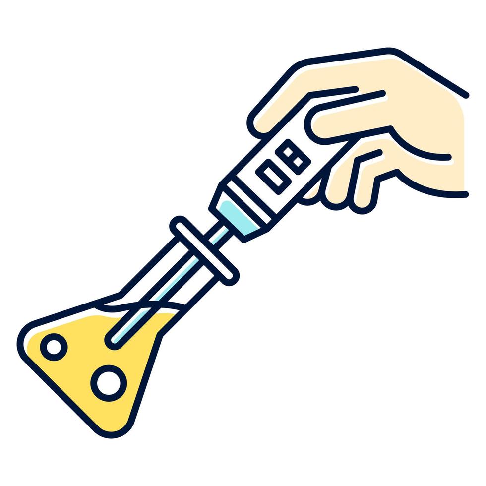 Testing reactives in lab flask color icon. Organic chemistry. Conducting experiment. Laboratory work. Interaction with chemicals. Scientific research, practice. Isolated vector illustration