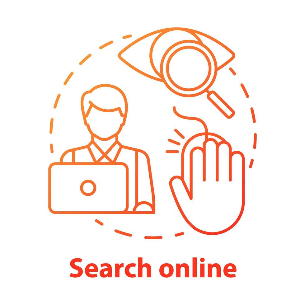 Search online concept icon. Searching for information in web. Data researching. Secretary, assistant. Work at computer idea thin line illustration. Vector isolated outline drawing