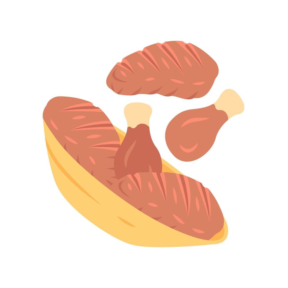 Plato de carne diseño plano icono de color de sombra larga. muslos de carne y pollo. producto de carnicería. restaurante, parrilla, menú de carnes. cultivo de carne. cocina de carne. ilustración de silueta de vector