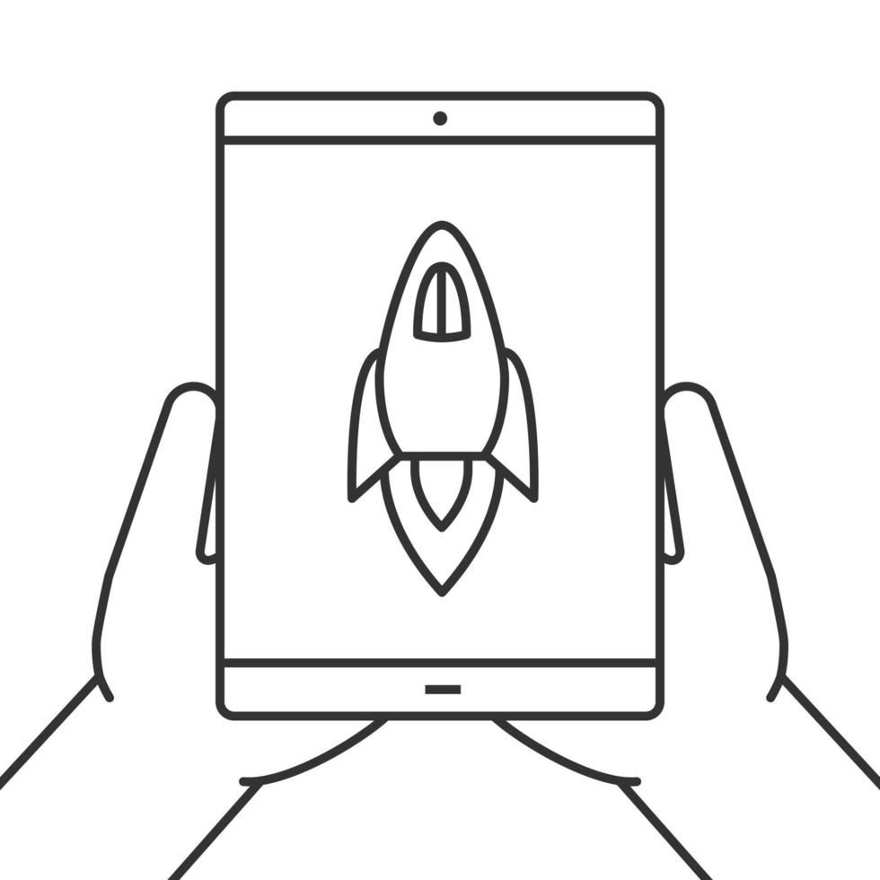 Hands holding tablet computer linear icon. Startup. Thin line illustration. Tablet computer with rocket. Application launching. Contour symbol. Vector isolated outline drawing