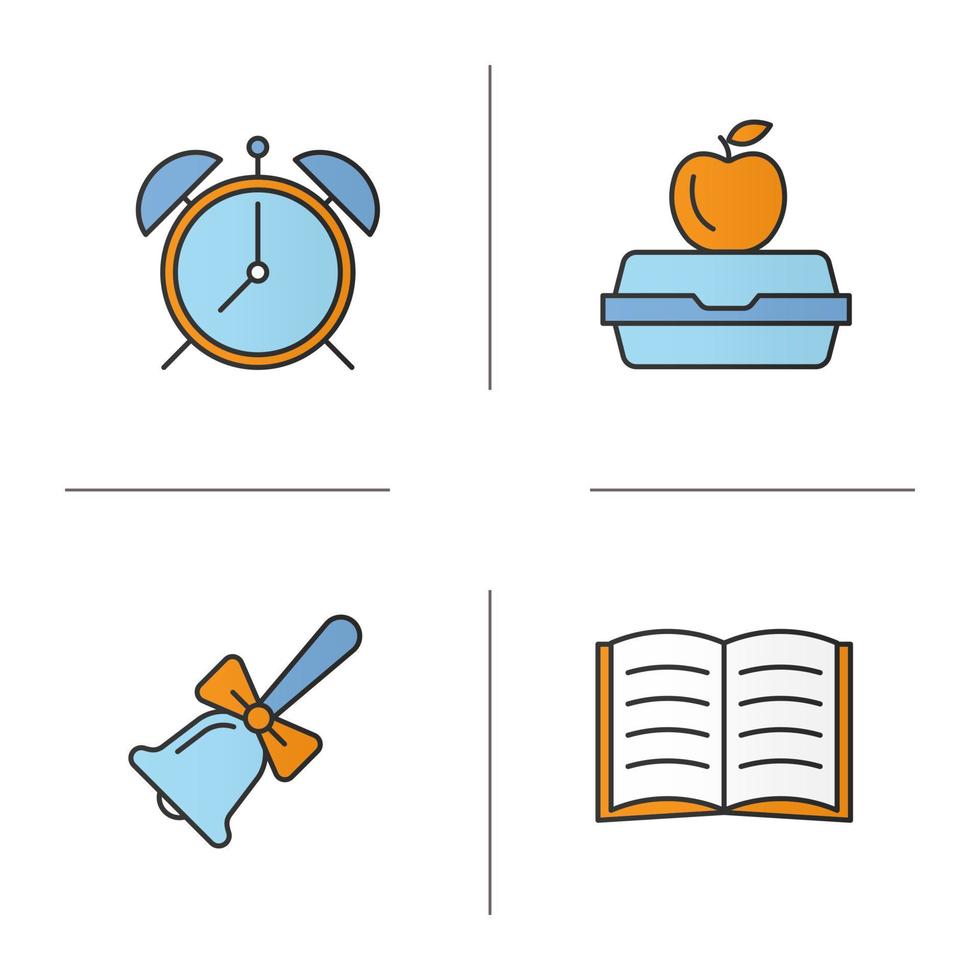 School and education color icons set. Alarm clock, school bell, lunch box, open book. Isolated vector illustrations