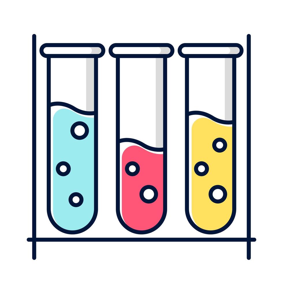 Blue, red and yellow test tubes color icon. Organic chemistry. Conducting experiment. Laboratory work. Interaction with chemicals. Scientific research, practice. Isolated vector illustration