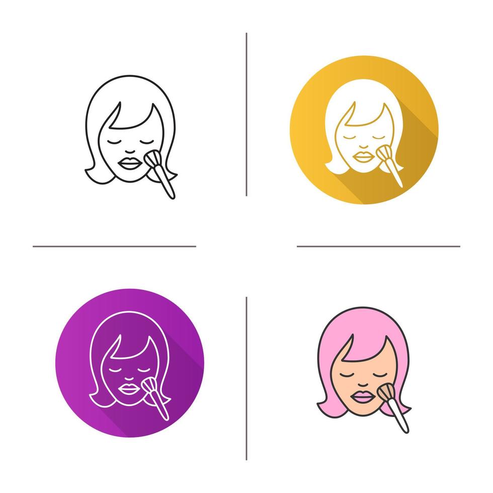 Makeup icon. Flat design, linear and color styles. Woman's face with makeup brush. Isolated vector illustrations