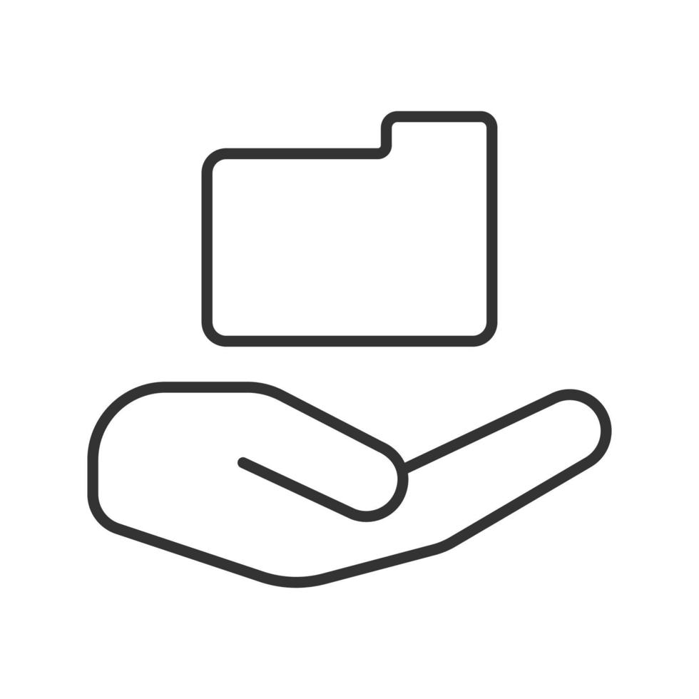 Open hand with folder linear icon. File manager. Thin line illustration. Contour symbol. Vector isolated outline drawing