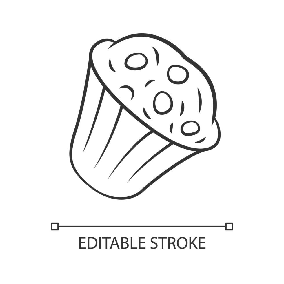 Muffin linear icon. Cupcake with chocolate chips, berries, topping. Sweet shop, confectionery, bakery menu. Thin line illustration. Contour symbol. Vector isolated outline drawing. Editable stroke