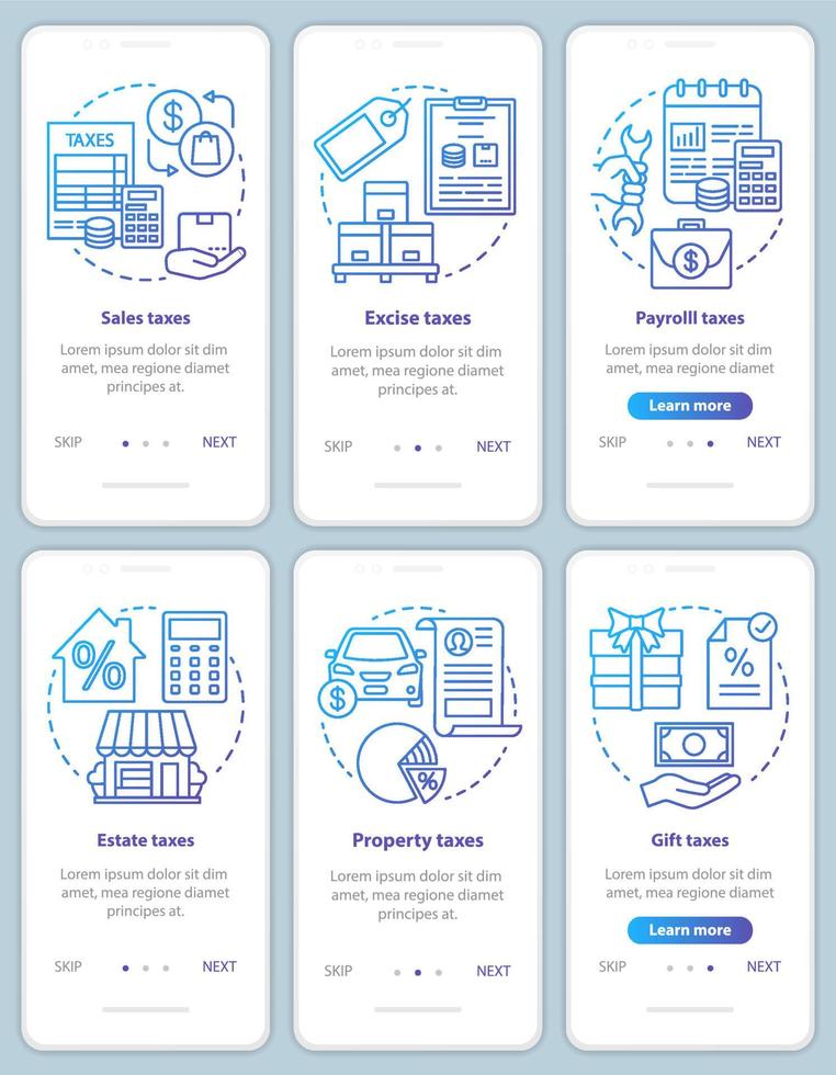 US taxes types blue onboarding mobile app page screen with linear concepts set. Sales, excise, property taxation walkthrough steps graphic instructions. UX, UI, GUI vector template with illustrations