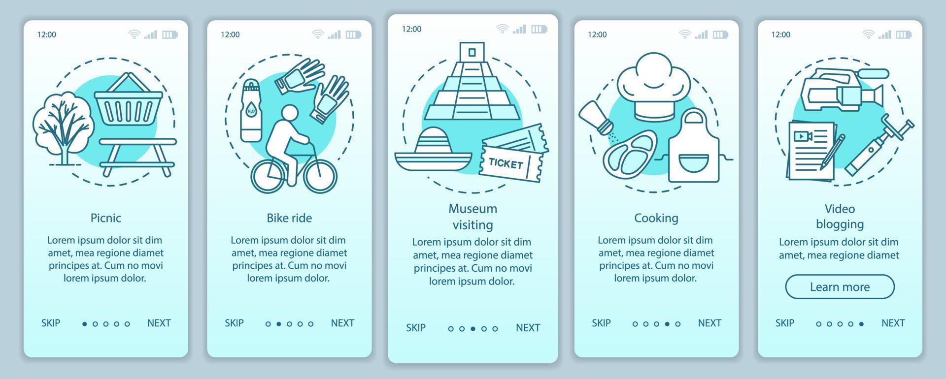 Family activities with kids onboarding mobile app page screen vector template. Bike ride. Walkthrough website steps with linear illustrations. Museum visiting. UX, UI, GUI smartphone interface concept