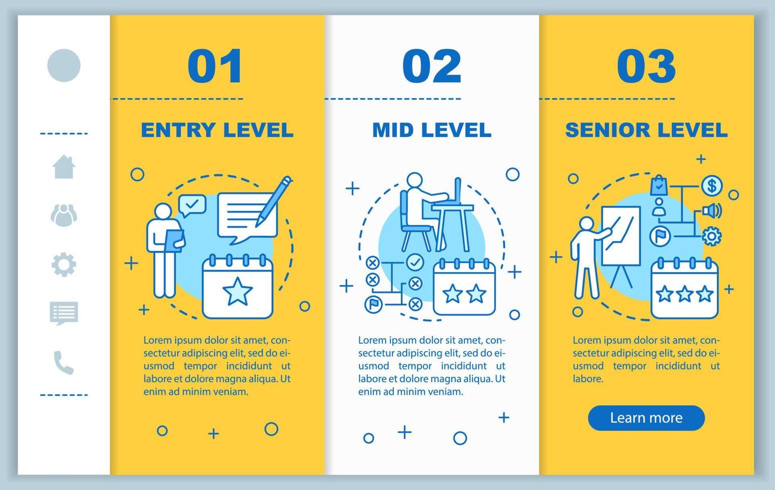 Work experience onboarding mobile web pages vector template. Position, status. Responsive smartphone website interface idea with linear illustrations. Webpage walkthrough step screens. Color concept