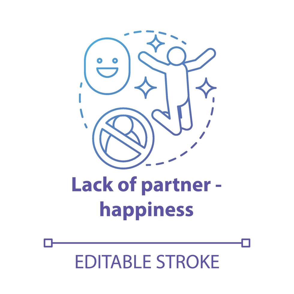 Lack of partner happiness concept icon. Joy of being alone. Happy divorce. Fun from breaking problem relationship idea thin line illustration. Vector isolated outline drawing. Editable stroke