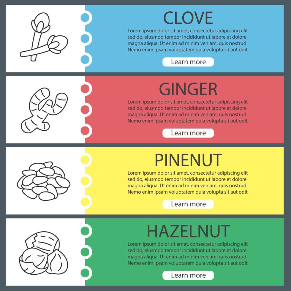 Spices web banner templates set. Clove, ginger, pinenut, hazelnut. Website color menu items with linear icons. Vector headers design concepts
