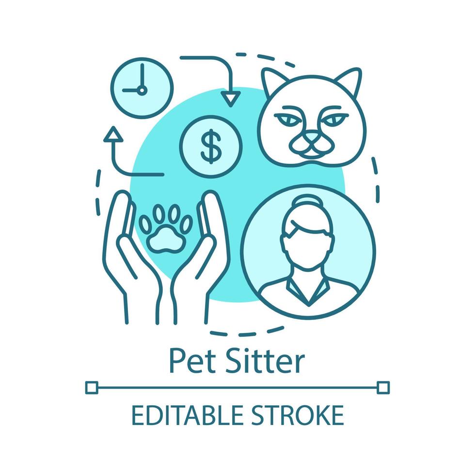 Pet sitter concept icon. Caring for dog, cat idea thin line illustration. Part time job. Short-term employment. Pet nanny, concierge, sitting service. Vector isolated outline drawing. Editable stroke