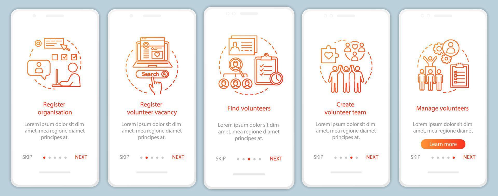 Volunteers finding onboarding mobile app page screen with linear concepts vector