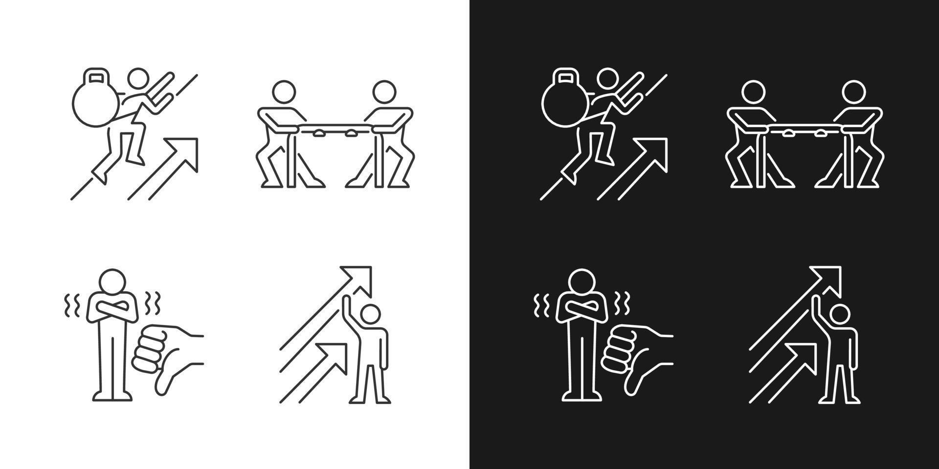 Motivation complications and results linear icons set for dark and light mode vector
