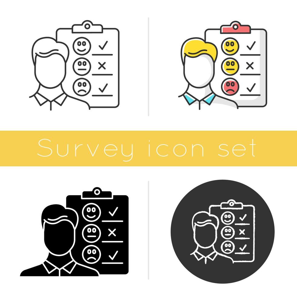 Personal interview icon. Survey questionnaire form. Customer service rating. Employee satisfaction. Emotional opinion. Glyph design, linear, chalk and color styles. Isolated vector illustrations