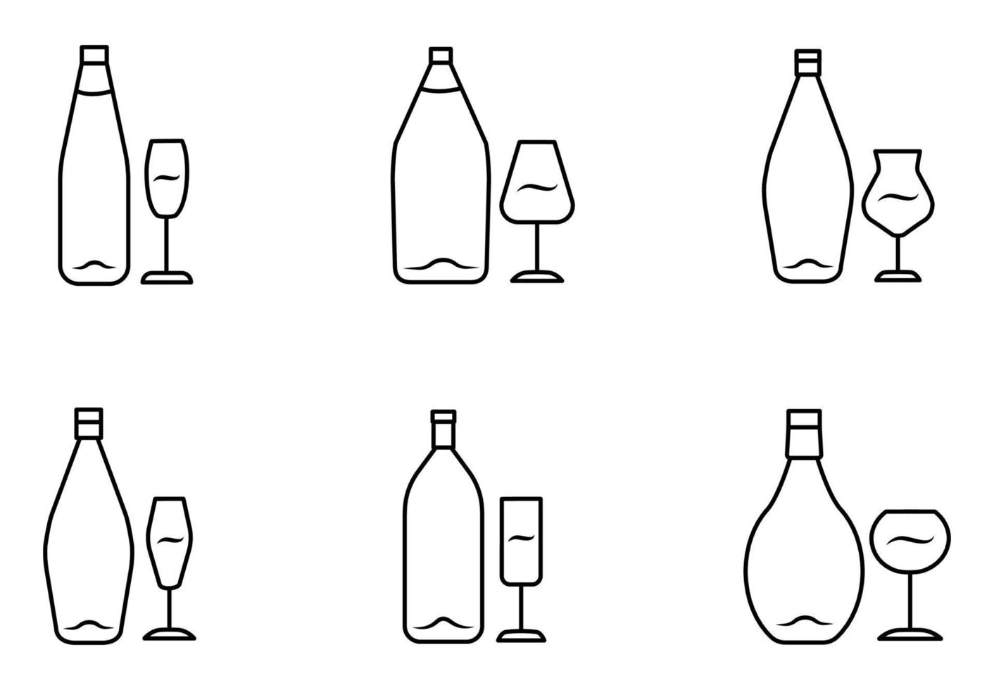 Wine linear icons set. Bottle and wineglass. Alcoholic beverage. Glassware for red, white, dessert wine and champagne. Thin line contour symbols. Isolated vector outline illustrations. Editable stroke