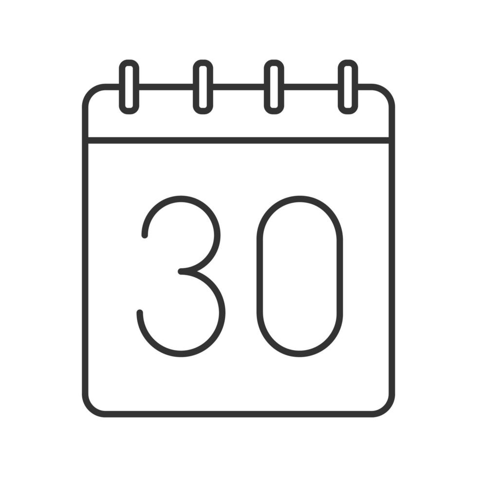 Thirtieth day of month linear icon. Wall calendar with 30 sign. Thin line illustration. Date contour symbol. Vector isolated outline drawing