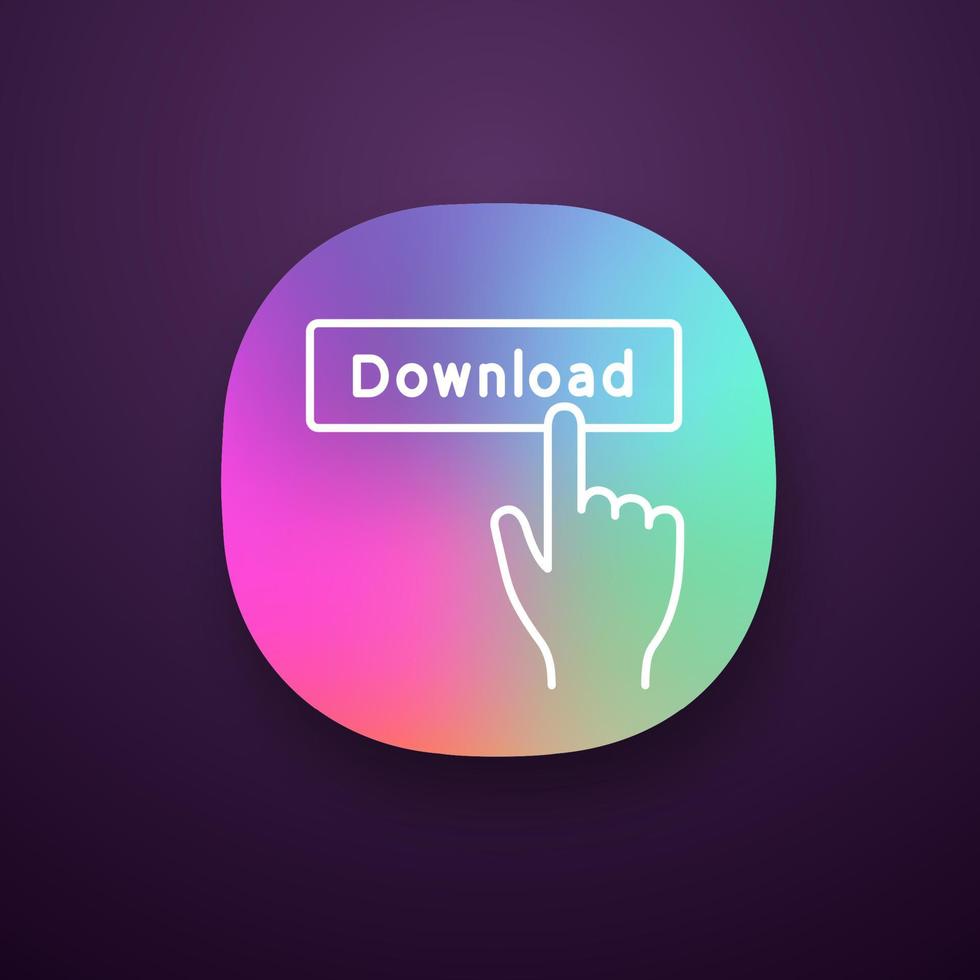 Download button click app icon. Data receiving. Hand pressing button. Download app. Web or mobile applications. Vector isolated illustration