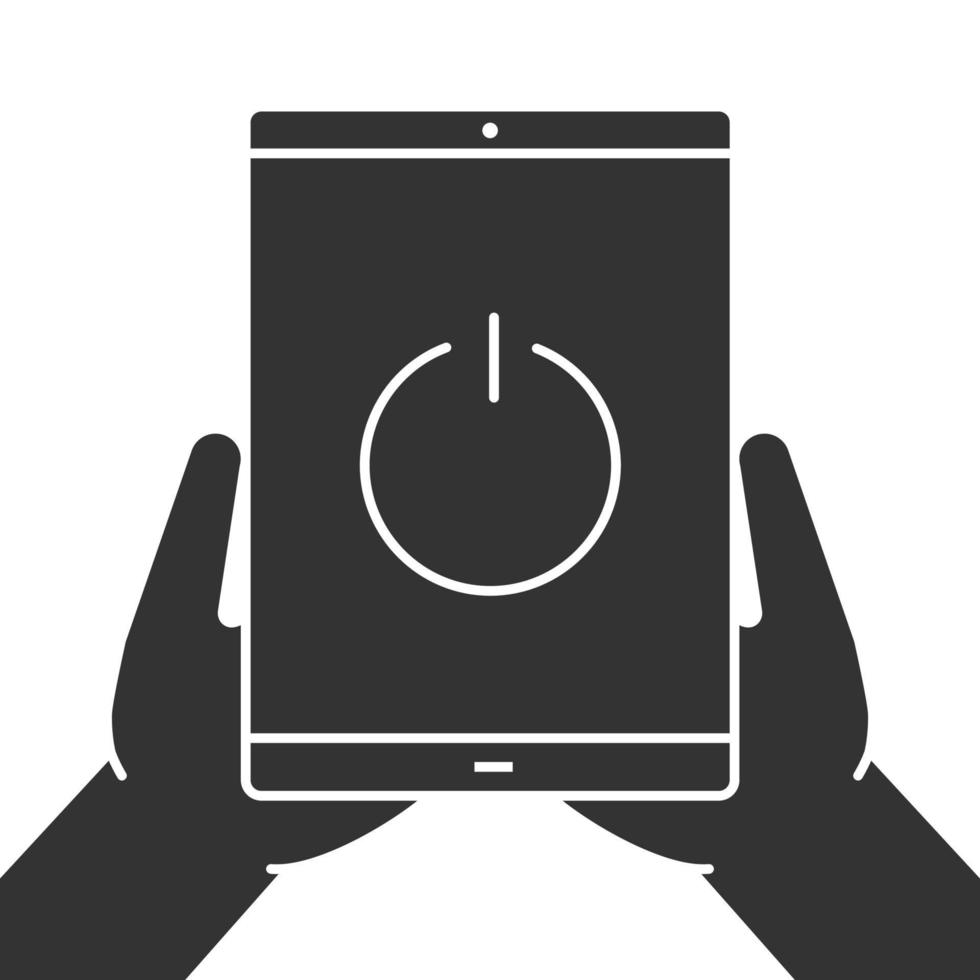 Hands holding tablet computer glyph icon. Device turning off. Silhouette symbol. Tablet pc with power button. Negative space. Vector isolated illustration