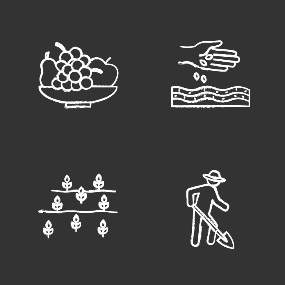 Agriculture chalk icons set. Farming. Bowl with fruits, sowing, farmer, field. Isolated vector chalkboard illustration