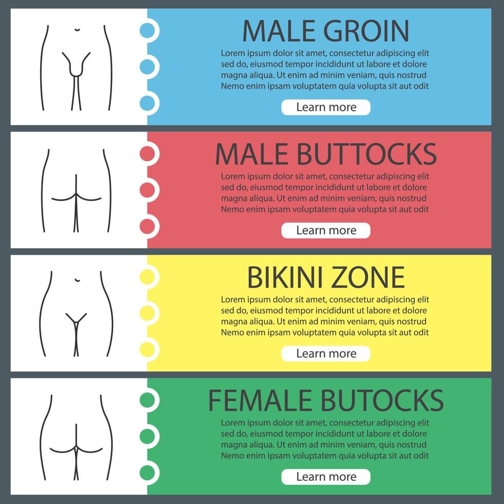 Body parts web banner templates set. Male groin, bikini zone, man and woman's buttocks. Website color menu items with linear icons. Vector headers design concepts