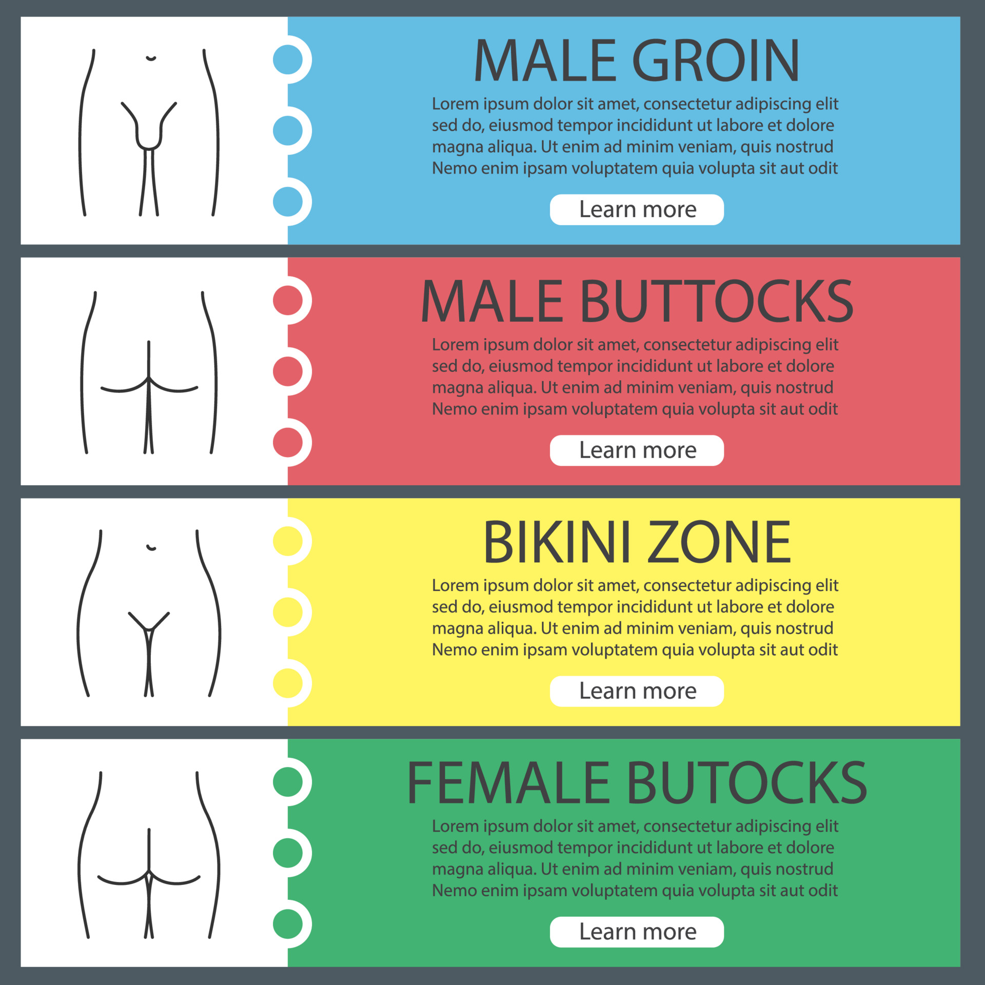Body parts web banner templates set. Male groin, bikini zone, man and  woman's buttocks. Website color menu items with linear icons. Vector  headers design concepts 3762102 Vector Art at Vecteezy