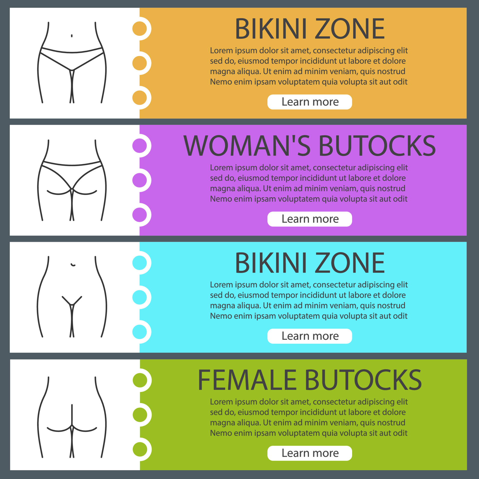 Female body parts web banner templates set. Woman's buttocks and
